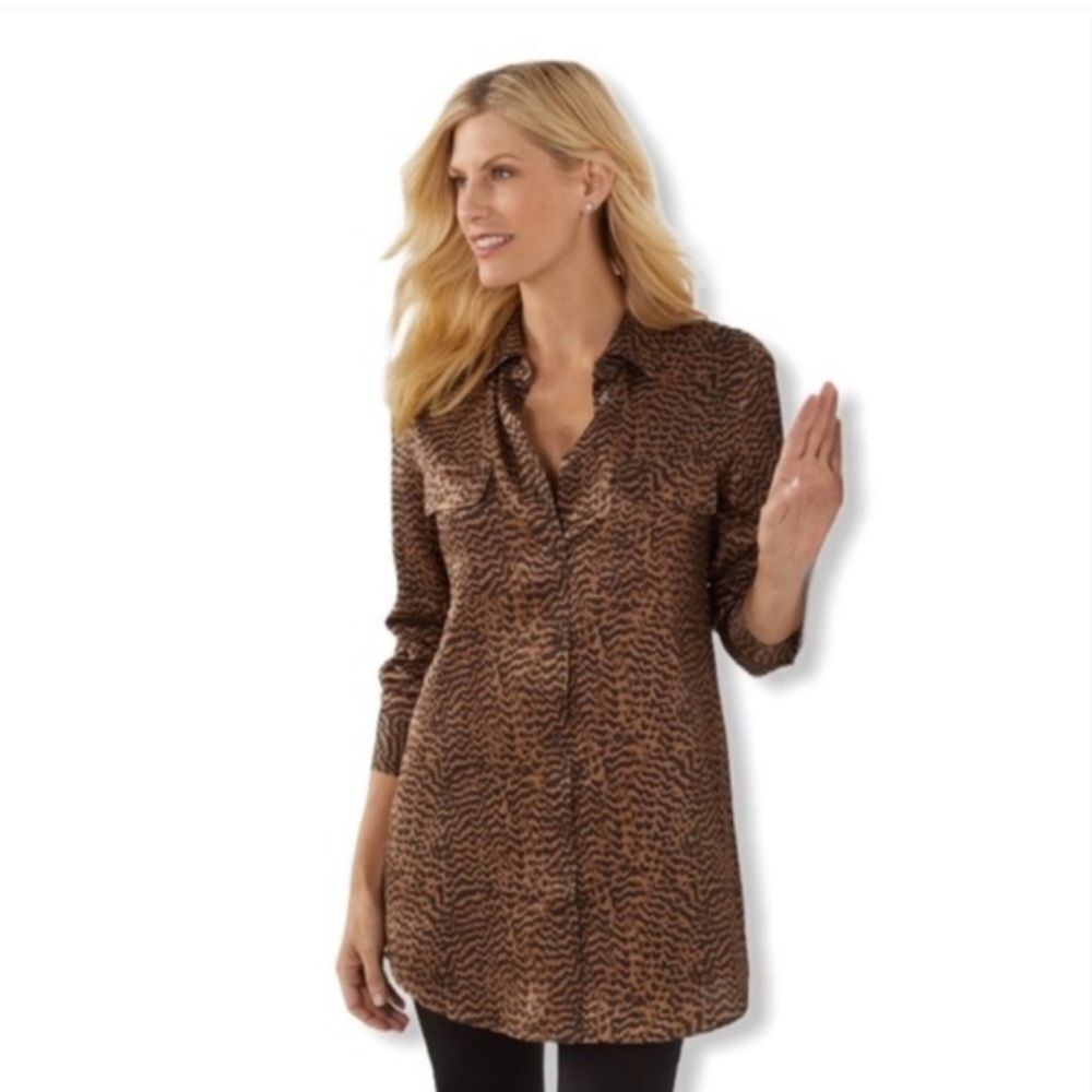 Soft Surroundings Silk Animal Print Long Sleeve Button Down Shirt Tunic Size L